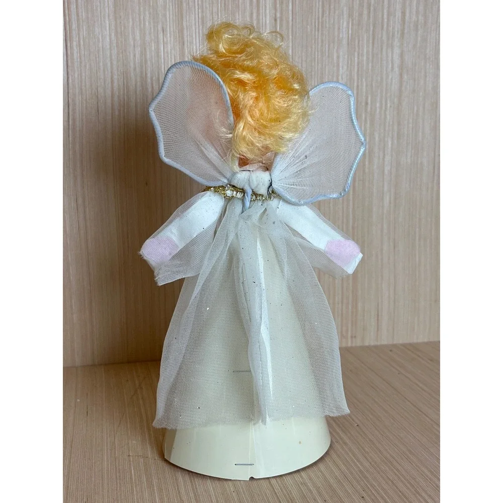 Vintage Blonde Angel Christmas Tree Topper White Mesh Gown Red Ribbon Bow MCM